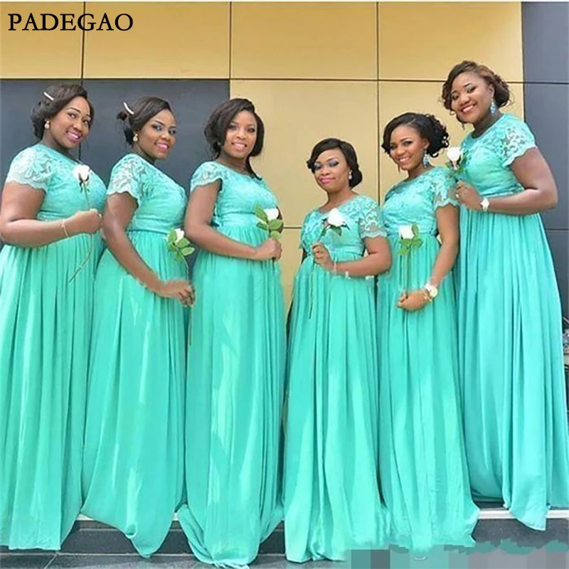

Bridesmaids Dresses 2019 Mint Green Chiffon Lace Maid of Honor Gowns Custom Made Cap Sleeves A Line Long Bridesmaid Dress