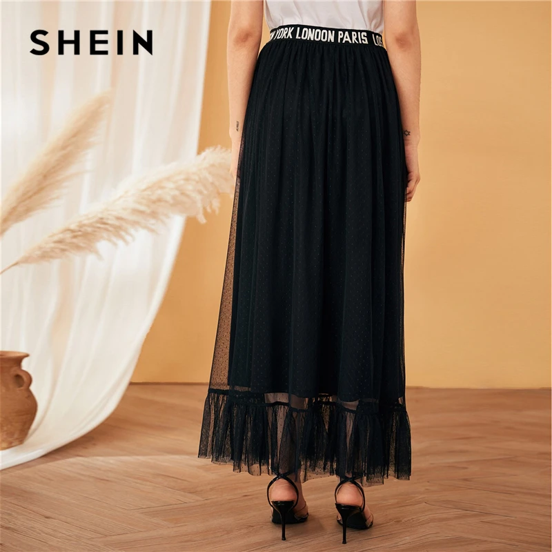 SHEIN черная повседневная юбка с буквенным принтом и лентой на талии, сетчатая юбка с оборками, женская летняя Осенняя однотонная длинная юбка трапециевидной формы с высокой талией