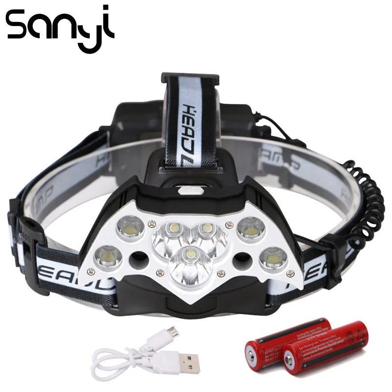SANYI 7 * T6 + 2 XPE фонарь супер яркий налобный 6 режимов Светодиодный для кемпинга 18650