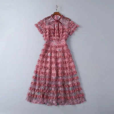 2 COLOREE High Quality Chic Summer Midi Dress Sexy See Through Mesh Lace-up Ribbon Neck Ruffles Cake Party Dress - Цвет: 2