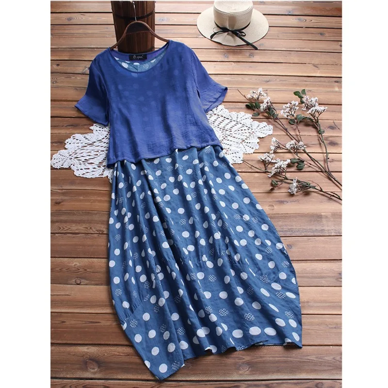 Женское летнее платье в горошек повседневное ТРАПЕЦИЕВИДНОЕ длинное большого