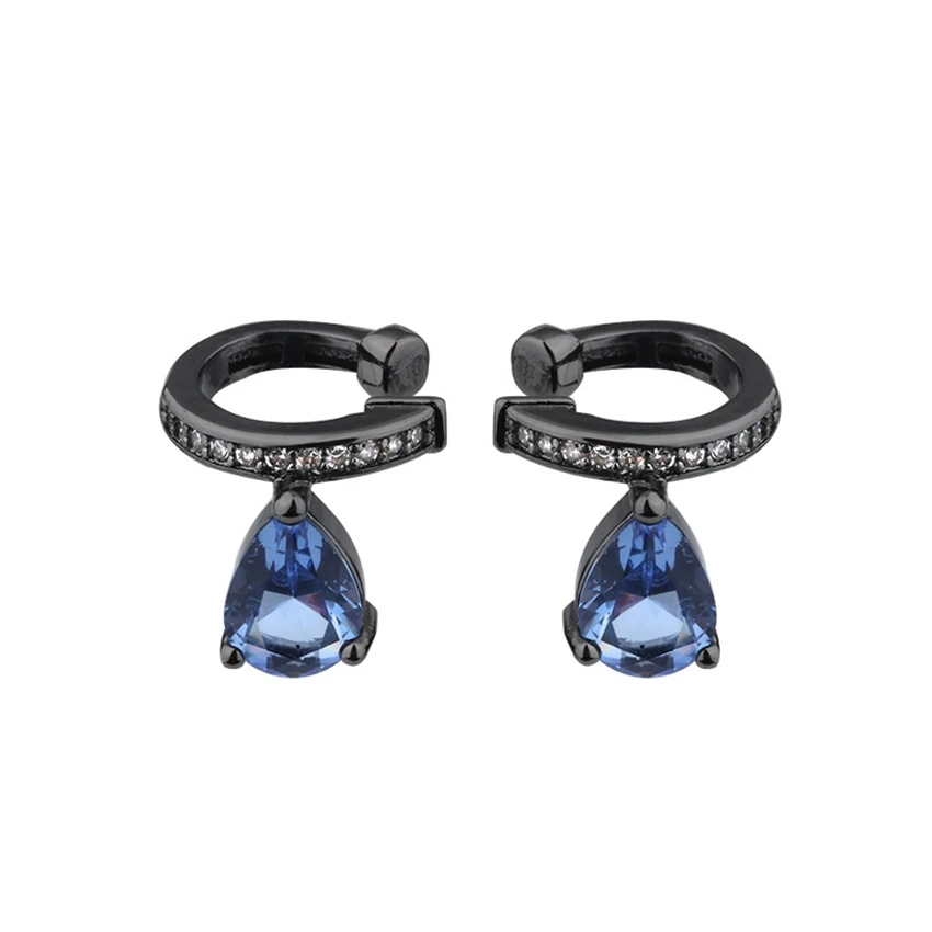 Женские серьги кольца с фианитом синими каплевидными Фианитами Ювелирное