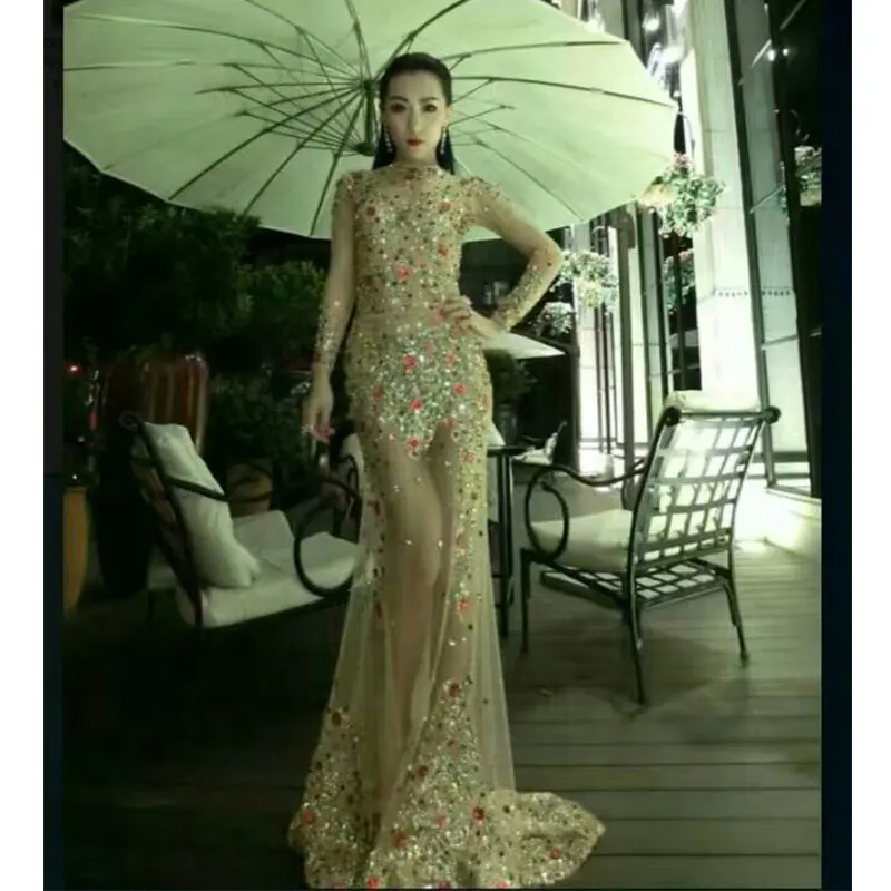Colored rhinestones Leotard Long skirt Dance Outfit Stones Bodysuit Stage Performance Party luxurious Shining Costume | Тематическая