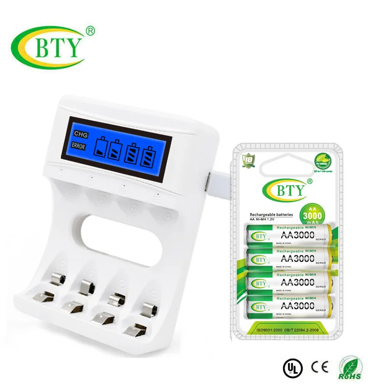 BTY аккумуляторная батарея aa 3000 mAh nimh 1 2 V 2A батареи + AA/AAA зарядное устройство
