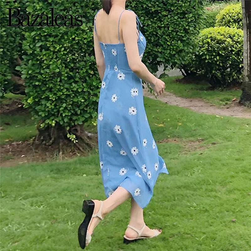 Bazaleas модное синее платье с цветочным принтом vestidos винтажное регулируемое платье миди на тонких бретелях летнее платье с разрезом от бедра Прямая поставка