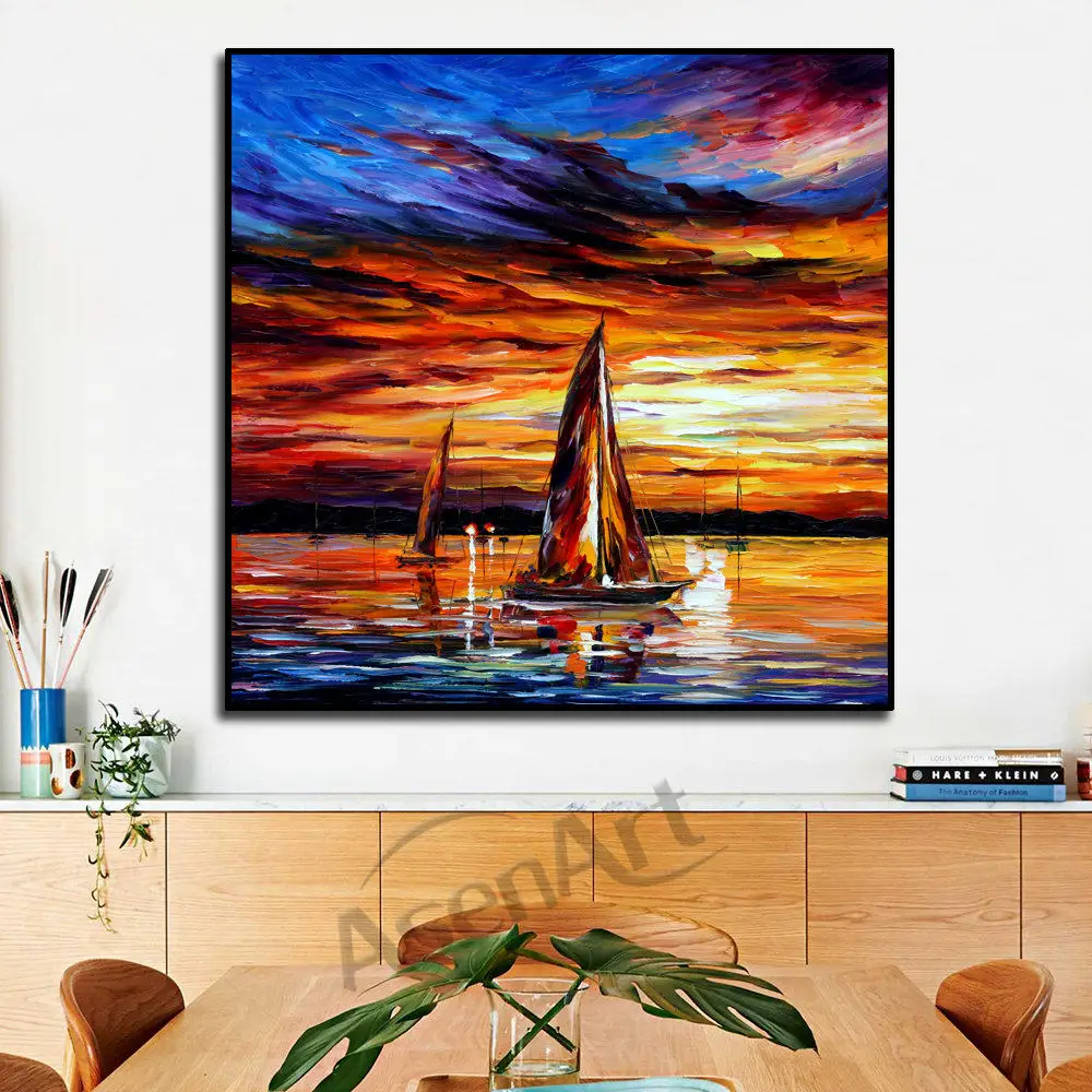 Современный красивый закат корабль морской Парусник печать ножей на холсте
