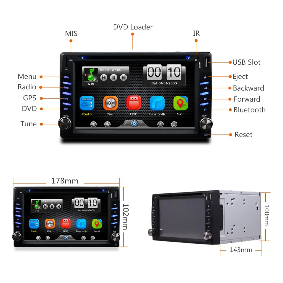 Автомобильный 2Din универсальный GPS навигатор Bluetooth Радио CD DVD MP3 видео медиаплеер