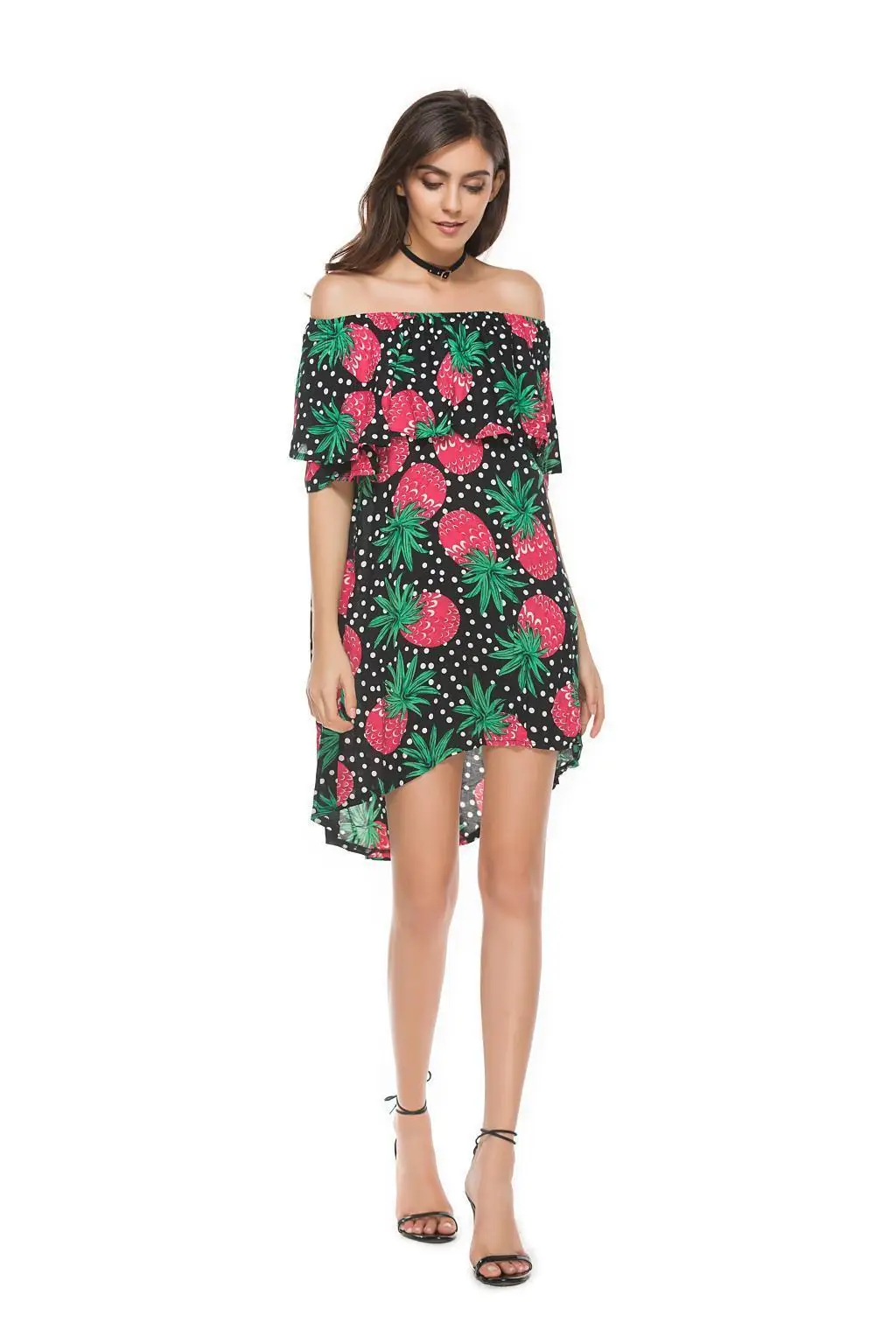 Loneyshow Summer 2018 Off Shoulder Sexy Print Loose Dress Slash Neck Pineapple Women | Женская одежда