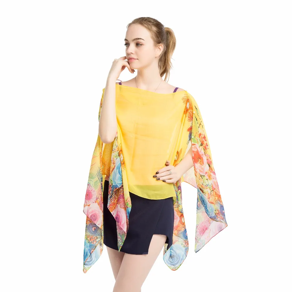 

Summer Silk Capes Sexy Cover-up Wrap Shawls Tunic Sleeves Beach Feather Print Polyester Mujer
