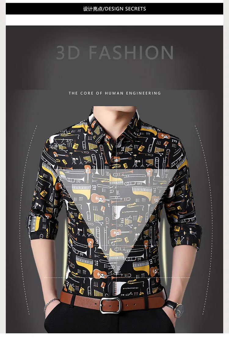 New Fashion Musical Instruments Printing Casual Fit Long Sleeve Shirts 5XL 6XL 7XL