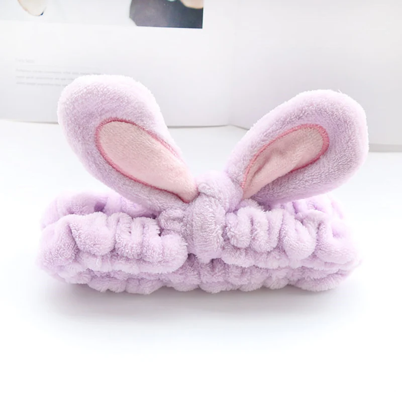 purple Милые заячьи ушки, повязка на голову для женщин, бархатная, мультяшная косметика, спа-повязки для волос, мягкий бант для волос, аксессуары для волос в виде тюрбана W1011 - Цвет: purple