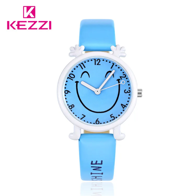 Blue KEZZI Детские часы для мальчиков и девочек кварцевые аналоговые кожаные Наручные часы подарок мультфильм повседневные водонепроницаемые часы для детей relogio - Цвет: Blue