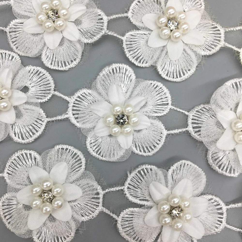 50x Nigerian Lace Fabric 2019 White Pearl Beaded Flowers Rhinestones Trim Embroidered Applique Wedding Dress Sewing Craft | Дом и сад