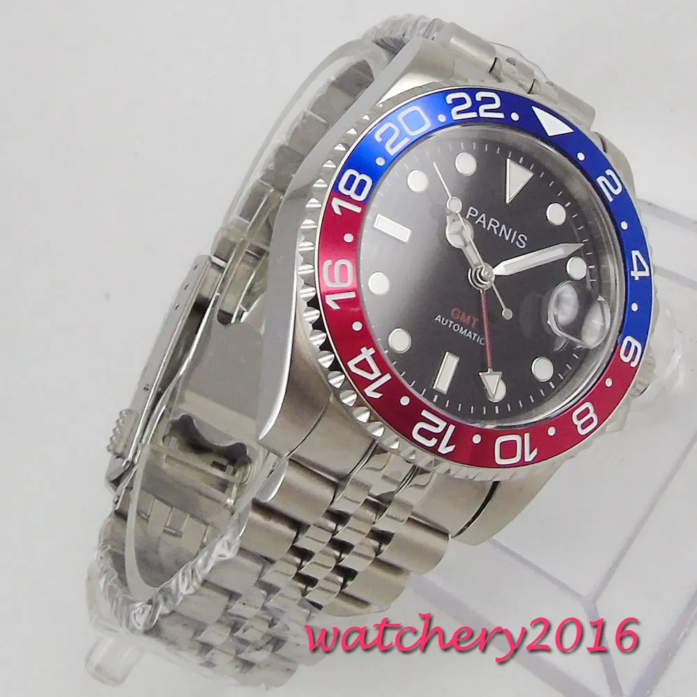 40 мм PARNIS черный циферблат сапфировое стекло GMT светящиеся стрелки Дата люксовый