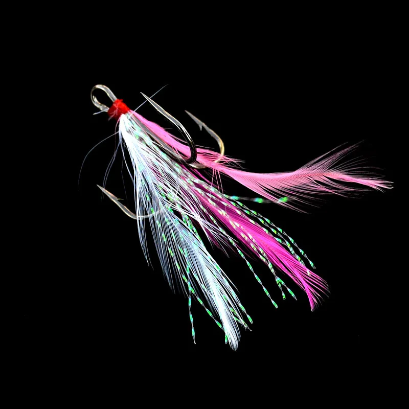 10pcs Pink Пернатые тройные рыболовные крючки 10 шт./лот мигалка завязаны черный круглый изгиб колючие тройные Крючки с пером Размер 2#4#6#8#10 - Цвет: 10pcs Pink