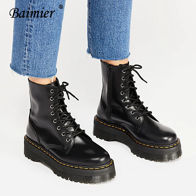 Baimier Black Patent Leather Ankle Boots For Women Lace Up Platform Boots Women Winter Warm Plush Women Boots Street Style Shoes