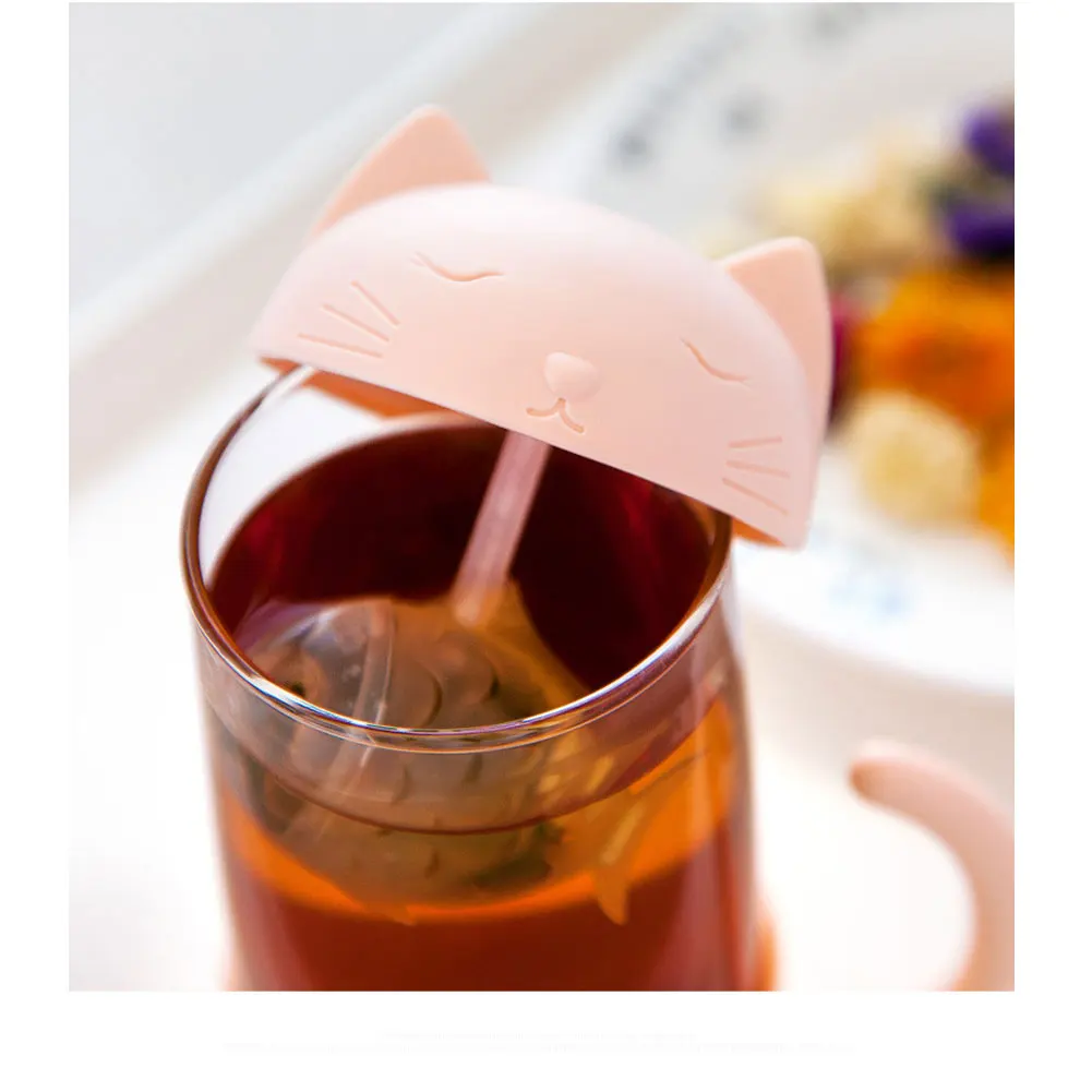 Stylish Hot Sale Lovely Glass Cup Tea Cat with Fish Filter Strainer Glass Cup Tea Infuser Filter Mug Home Office Container Gift