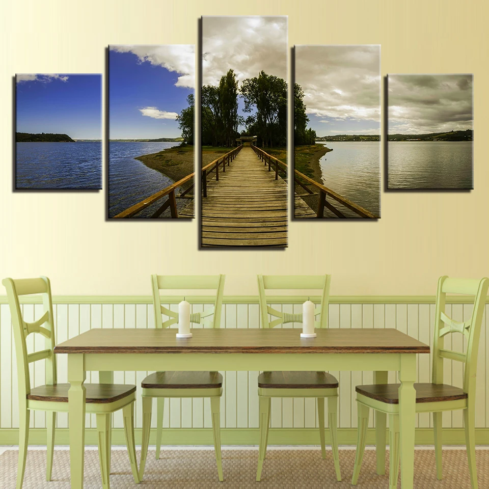 Wall Art HD Printed 5 Pieces Wooden Bridge Green Trees Blue Sky And Sea Scenery Modular Canvas Pictures Artworks Decor Paintings | Дом и сад