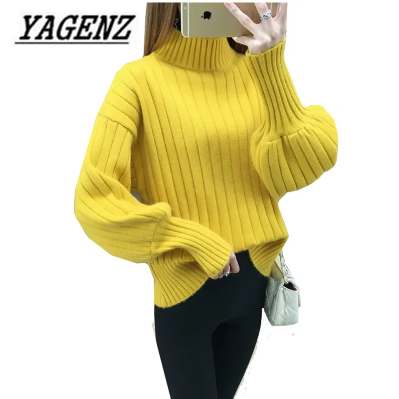 Turtleneck Women's Sweaters 2020 Autumn and Winter Fashion New Loose Lantern sleeve Sweater Lady Solid Warm Casual Tops | Женская
