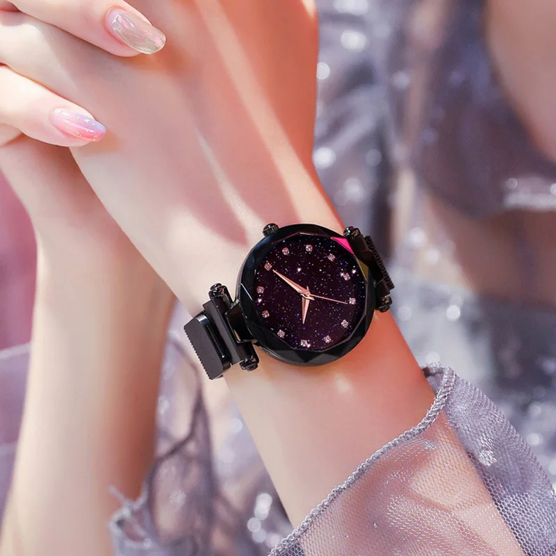 Женские роскошные часы reloj блестящие Кварцевые с магнитной сеткой из нержавеющей