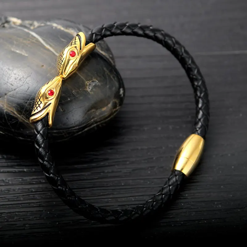 Stainless Steel Snake Leather Bracelet Men Jewelry Pulseras Hombre Punk Rock Handmade Mens Bracelets 2018 Fashion Jewellery Gift | Украшения
