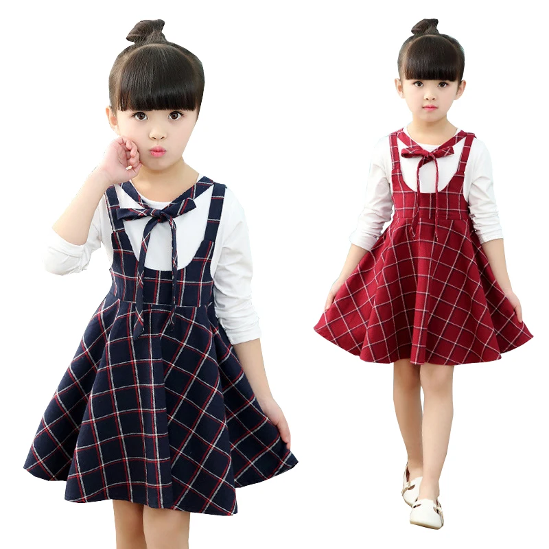 2017 Autumn Girls Dress With Long Sleeves Blue Red Plaid Kids School Uniform Clothes For Teenager 5 6 7 8 9 10 11 12 Years | Детская