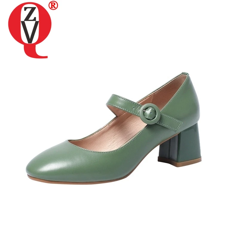 

ZVQ Shoes Women 2019 Spring Summer New Fashion Round Toe High Heels Cow Leather Outside Buckle Pumps Ladies Office Dress Sho