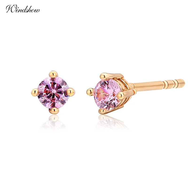 Милый желтое золото Цвет Четыре коготь круглый розовый cz мини небольшой Серьги
