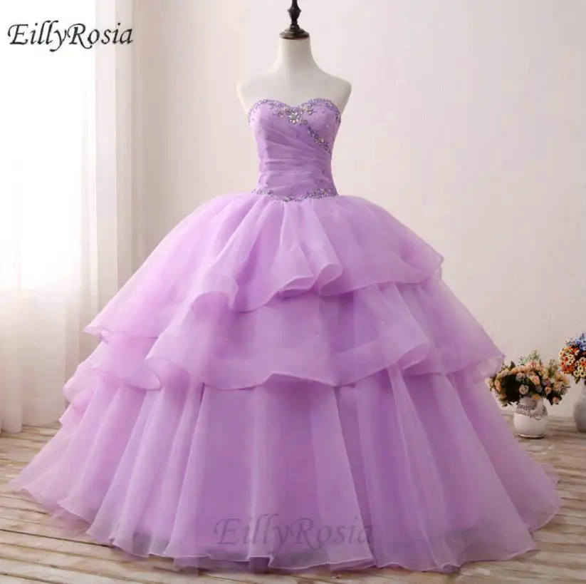 

Lilac Light Purple Quinceanera Dresses Ball Gown Sweetheart Crystals Tiered Tulle Fluffy Sweet 16 Dress vestido debutante