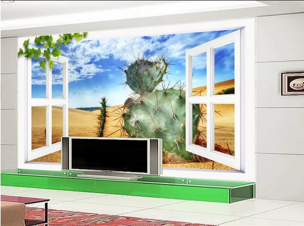3d индивидуальные обои окно пустыня кактус 3D ТВ фон фотообои украшение дома |