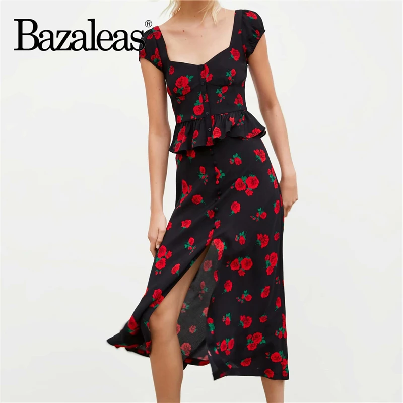 Женский винтажный костюм Bazaleas черный короткий топ и сплит-юбка средней длины с