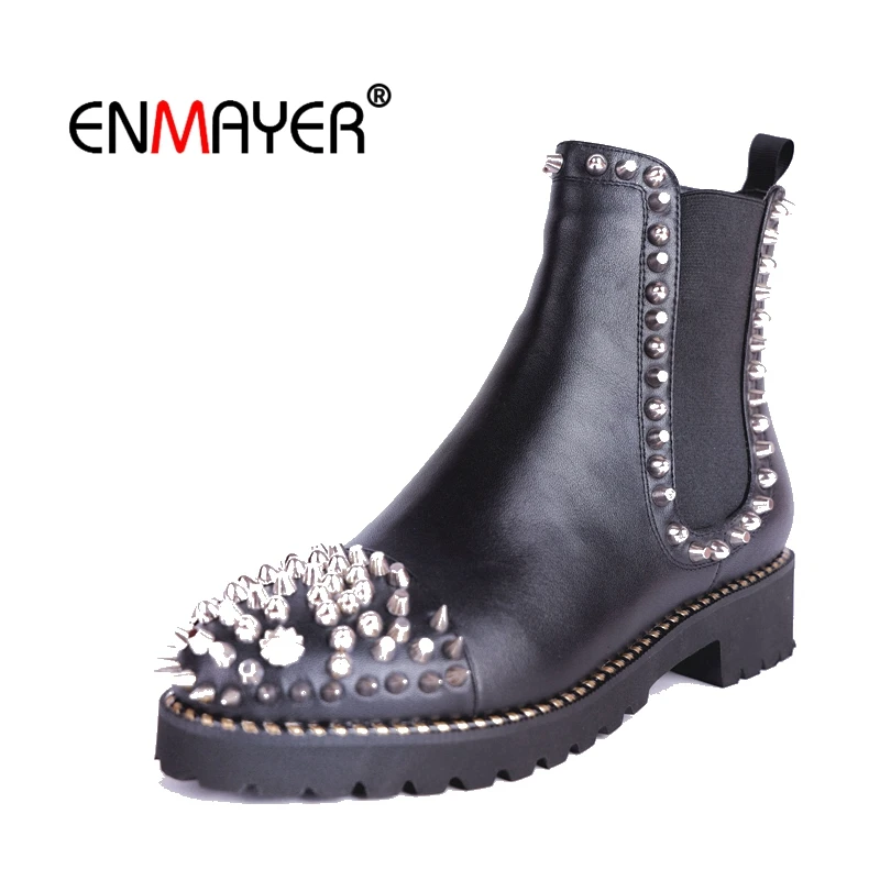 

ENMAYER Women Ankle Boots Short Boots Women Square toe Shoes Woman Strange Heel Buckle Zipper Short Plush Med heels CR1959