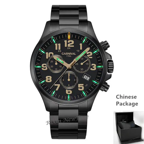Black C8818C steel Карнавальный бренд, роскошный светильник Тритий, секундомер, мужские часы Ronda, кварцевый хронограф, Тритий, светящиеся, мужские часы, водонепроницаемые, полностью из стали - Цвет: Black C8818C steel