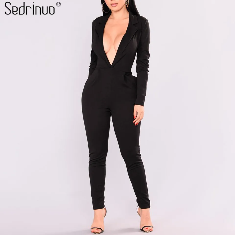 

Sedrinuo Fashion Deep V neck Long Sleeve Black Romper Jumpsuit 2017 A/W Skinny Bodycon Sexy One Piece Long Pants Women Jumpsuits