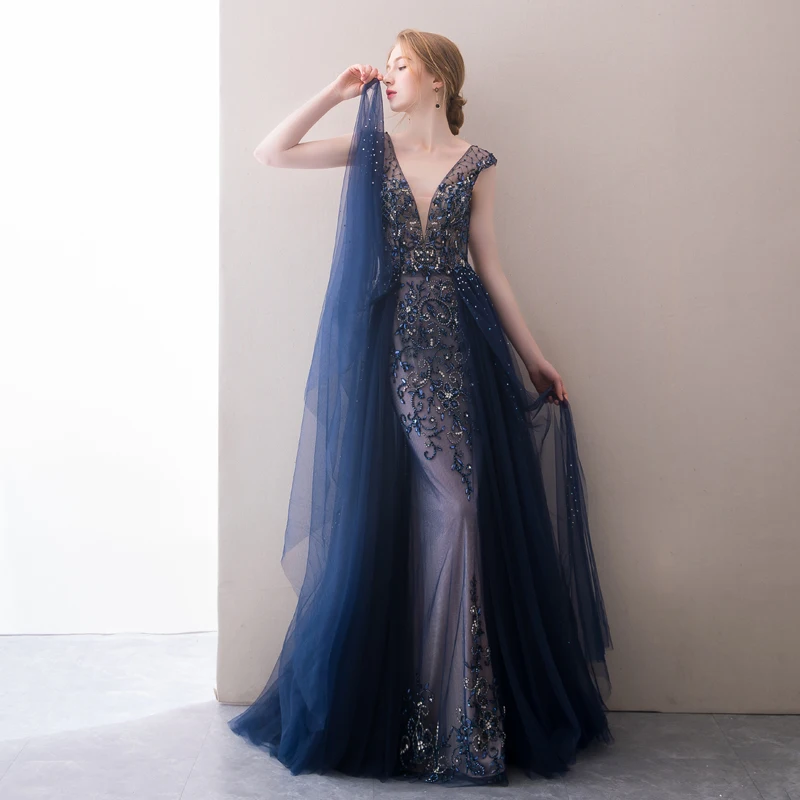 Vestido de festa, вечернее платье русалки, длинное платье с v-образным вырезом, темно-синий тюль с бисером, вечернее платье, элегантное,, Robe De Soiree