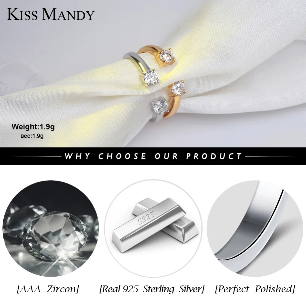 KISS MANDY Real 925 пробы серебряные кольца открытый дизайн серебро и золото цвет AAA циркон регулируемое вечерние партия украшения для женщин KSR60