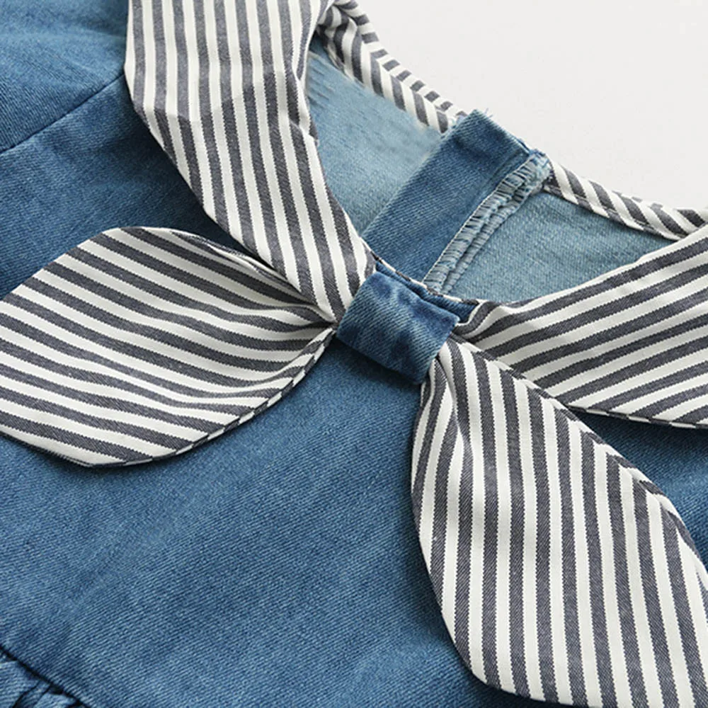 2018 new fashion Toddler Kid Girls Long Sleeves Belt Striped Denim Kids Clothing Princess Dress stem21 | Детская одежда и обувь