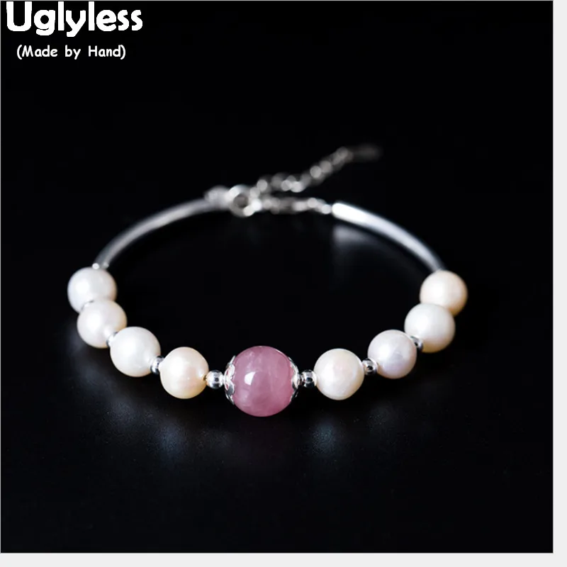 

Uglyless 100% Real 925 Sterling Silver Beads Bangles for Women Handamde Beading Natural Pearls Bracelet Strawberry Quartz Balls