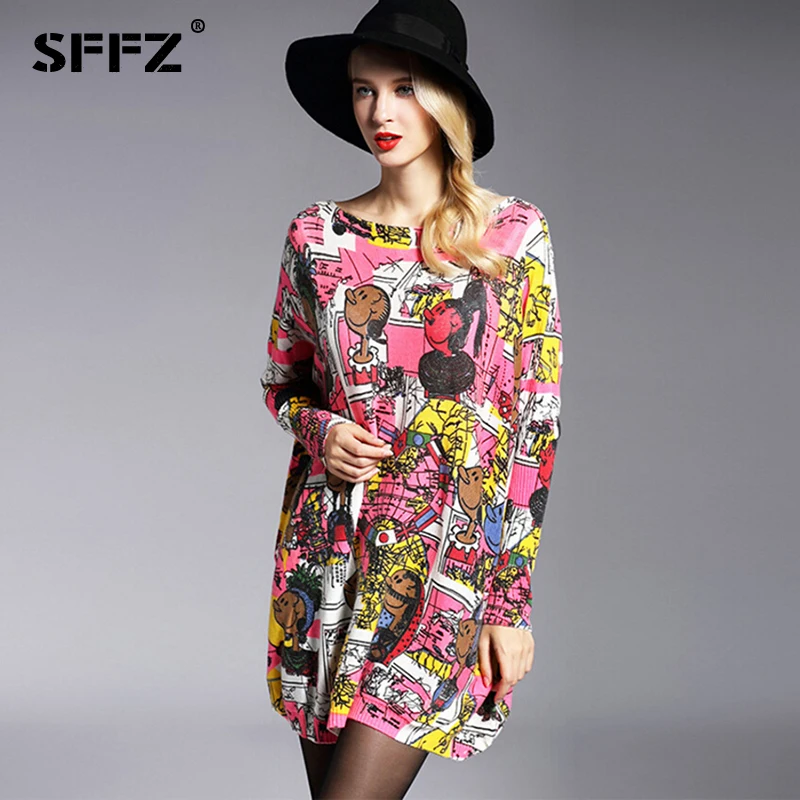 SFFZ 2019 New Autumn Women Long Sweaters Fashion Casual Wool Blend Knitted Sweater Dresses Slash Neck Oversized Pullover 6150 | Женская