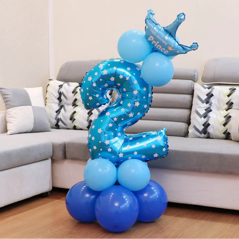 1set Blue Pink Foil Number Balloon Air Ballons Baloons Crown Anniversary Baby Shower Kids Happy Birthday Boy Girl | Дом и сад