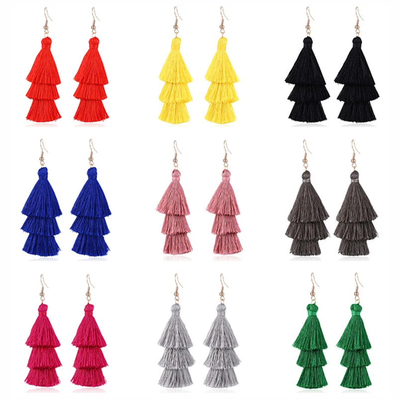 

HOCOLE Bohemian 3 Layered Long Tassel Drop Earrings For Women Statement Fringed Dangle Earring 2019 Brincos Fashion Jewelry Lady