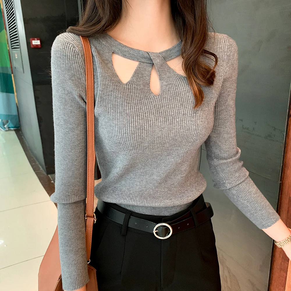sweaters fashion Women's Clothing knitted sweater spring fall winter brand o-neck criss-cross slim top off shoulder | Женская одежда