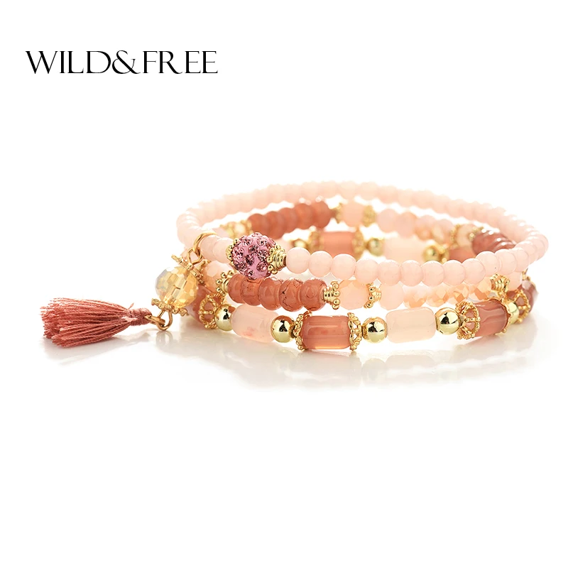 Женский браслет с кисточками Wild & Free 3 шт./компл. цветной бусинами черный розовый
