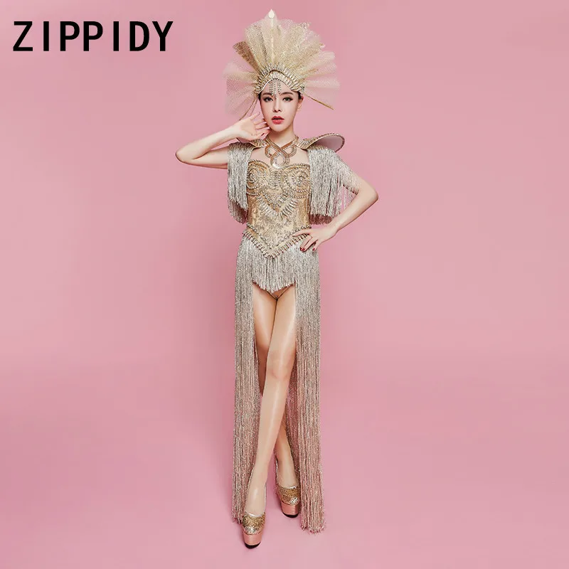 Sparkly Gold Rhinestones Long Tassel Bodysuit Headdress DJ Female Singer Nightclub Bar Team Show Outfit Birthday Party Clothing