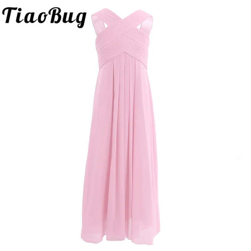 

TiaoBug Princess Girls Chiffon Sleeveless Flower Girl Dress High-waisted Pleated Criss Cross Pageant Wedding Party Dress SZ 4-14