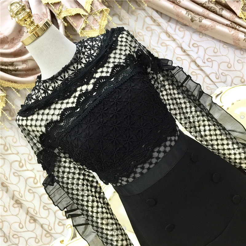 Женское однотонное кружевное цельнокроеное платье в стиле пэчворк с длинными