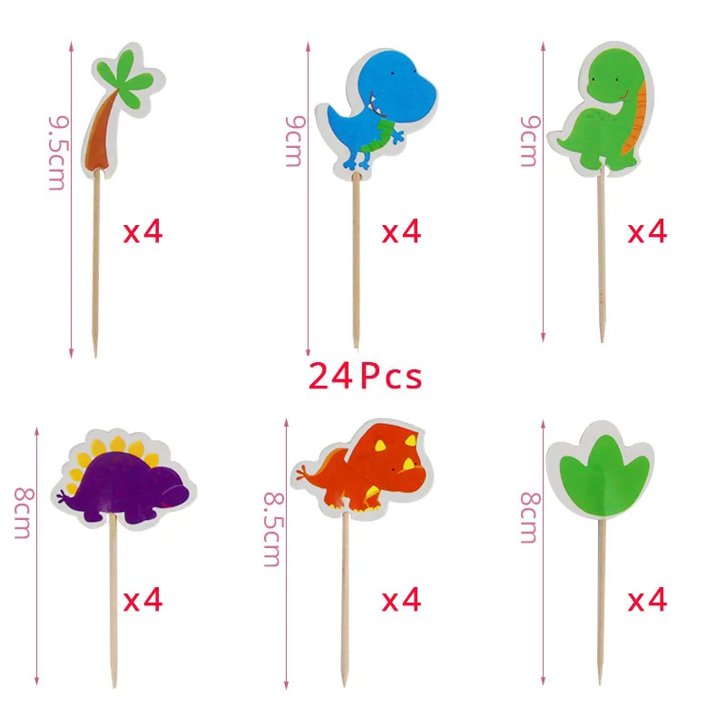 24pcs toothpick flag Мультфильм зеленый мотив динозавра висящий баннер одноразовые, для капкейков обертка попкорн коробочка, мыльница для детей день рождения украшения - Цвет: 24pcs toothpick flag