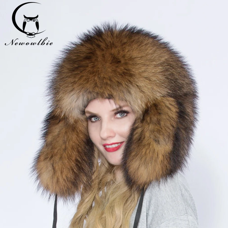 Real Whole fur  Raccoon dog Fur Pompom Hats Female Beanies Hat Natural Raccoon Fur for Women's Cap Winter Hats