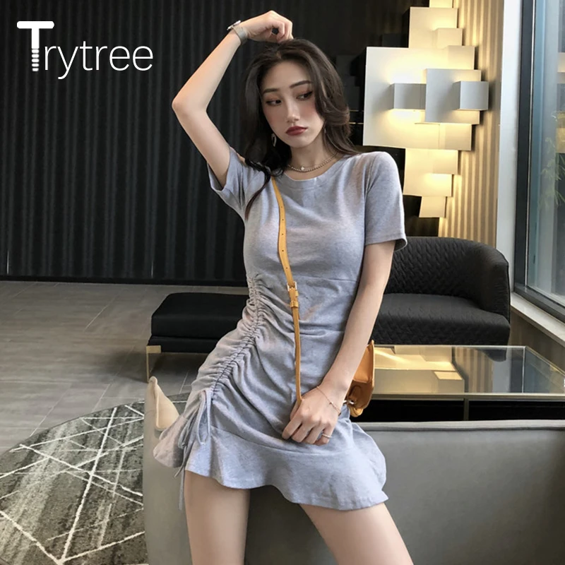 Trytree весенне-летнее повседневное однотонное платье женское эластичное с круглым вырезом сексуальное платье-футболка с боковой шнуровкой оборки подол облегающее мини платье