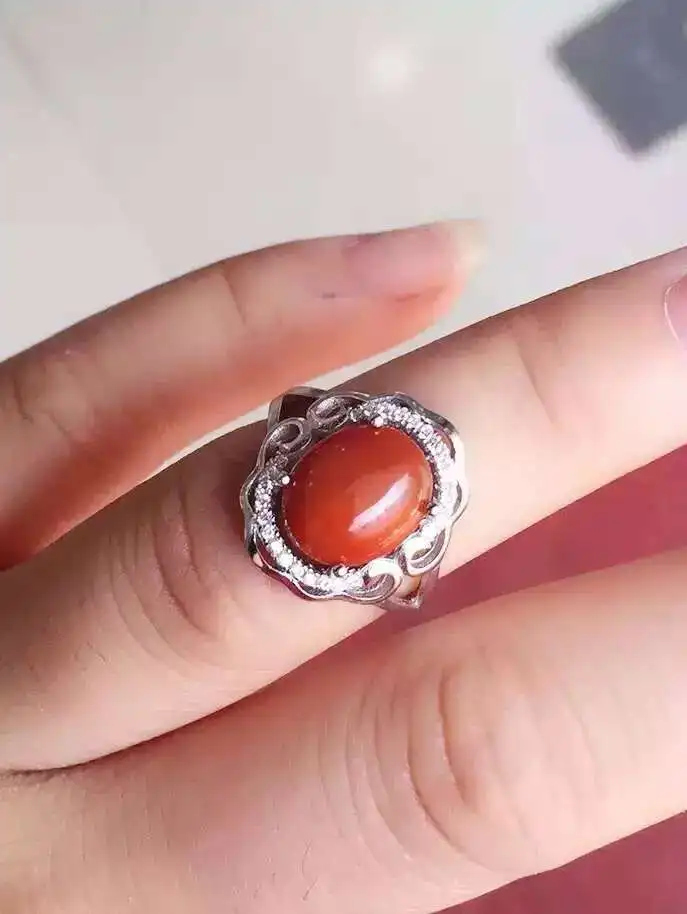 Natural south red agate Ring gemstone S925 sterling silver trendy Elegant Hollow round women party gift Jewelry | Украшения и